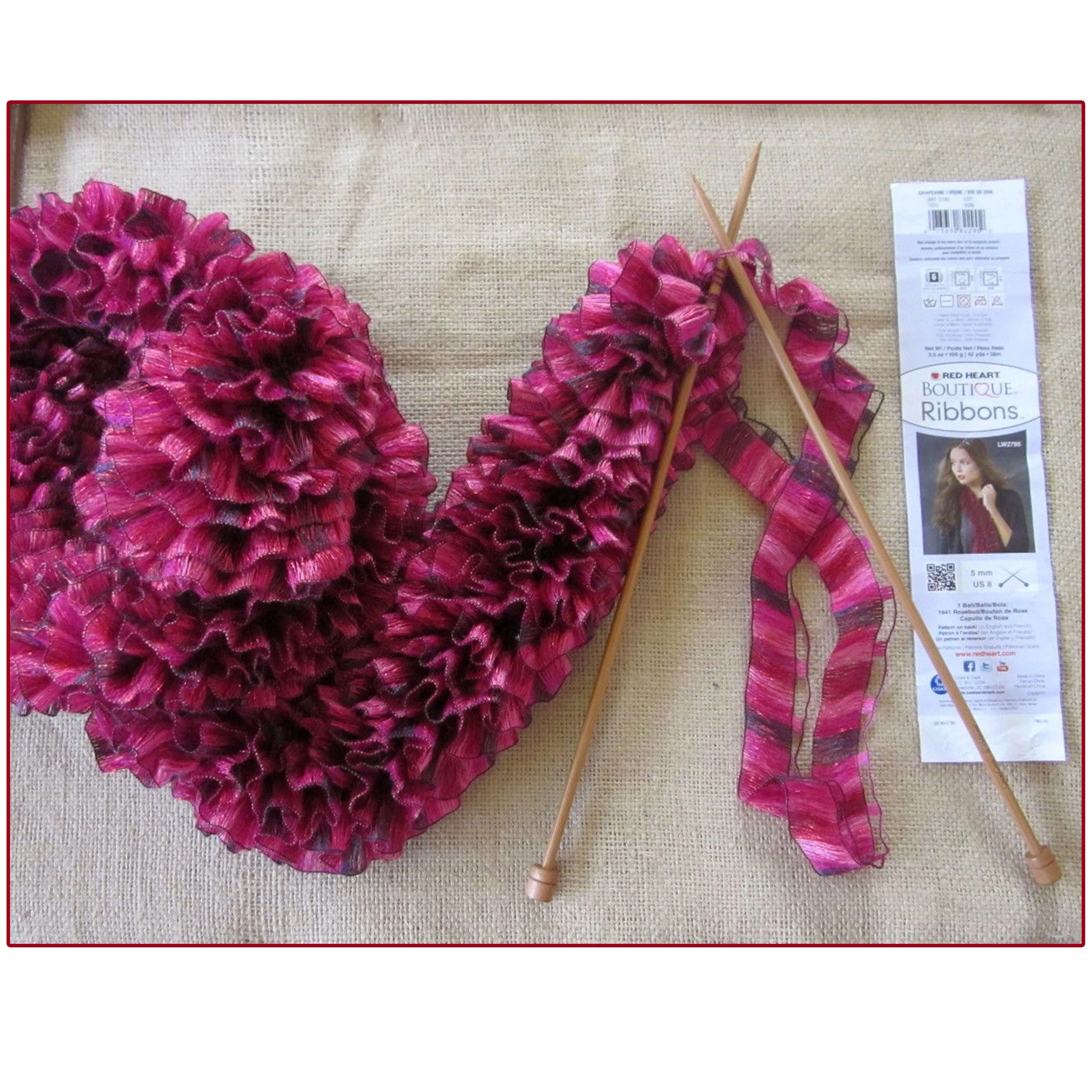 2 X Ribbons Yarn Ruffle Crochet Metallic Sashay Knitted Scarf Knit Pink Red Rose