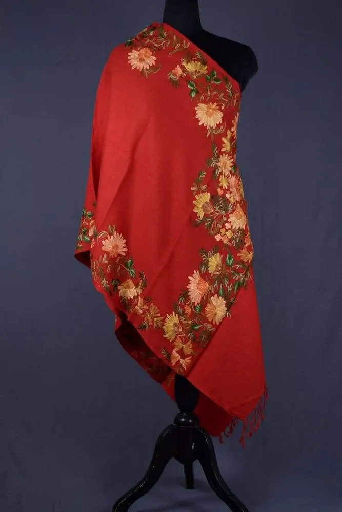 Aari Embroidered Semi Pashmina Stole In Traditional Red Colour
