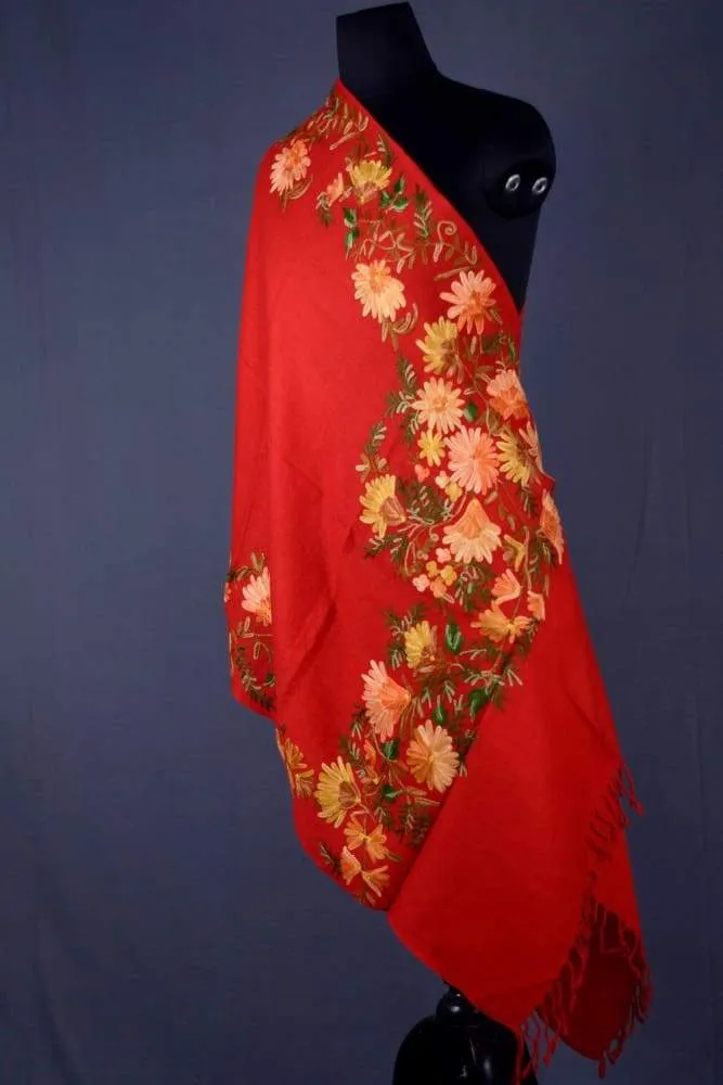 Aari Embroidered Semi Pashmina Stole In Traditional Red Colour