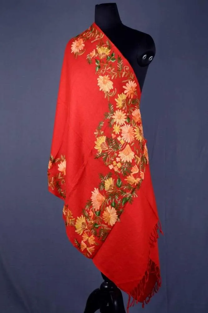 Aari Embroidered Semi Pashmina Stole In Traditional Red Colour