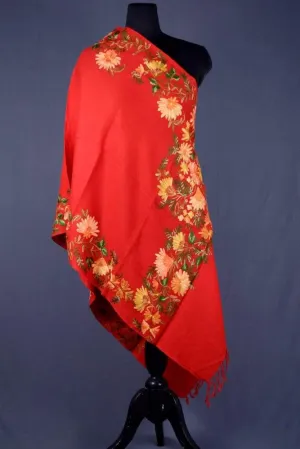 Aari Embroidered Semi Pashmina Stole In Traditional Red Colour