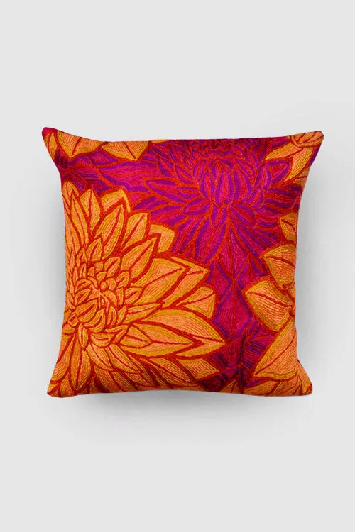 Aster Chainstitch Embroidered Cushion Cover Red & Yellow