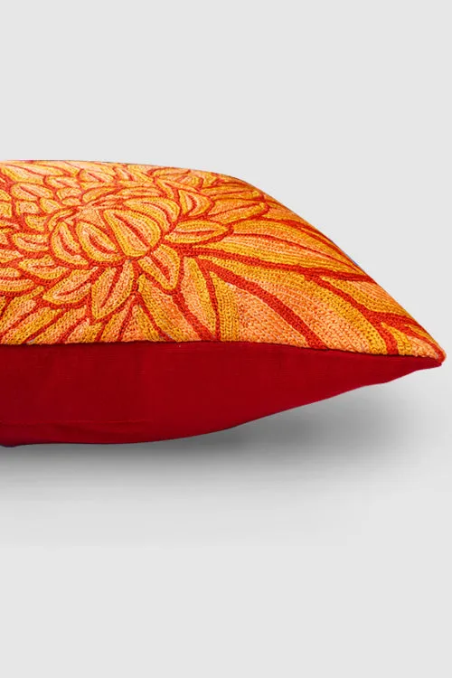 Aster Chainstitch Embroidered Cushion Cover Red & Yellow