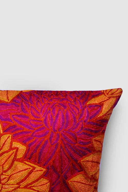 Aster Chainstitch Embroidered Cushion Cover Red & Yellow