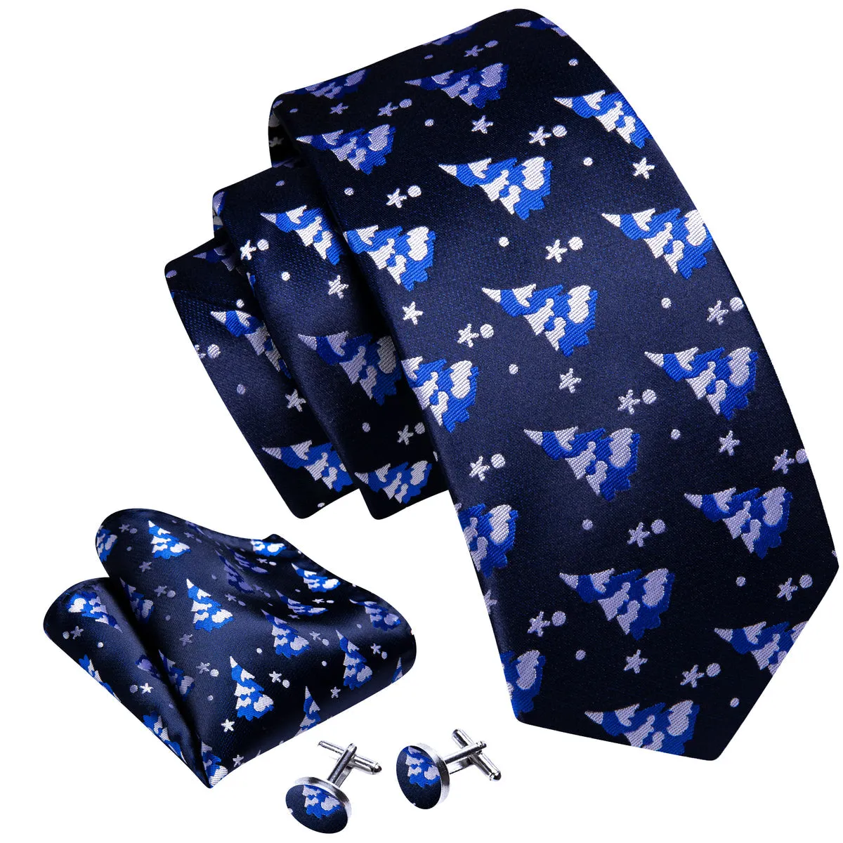Azure Blue & White Christmas Tree Tie, Pocket Square, and Cufflinks Set