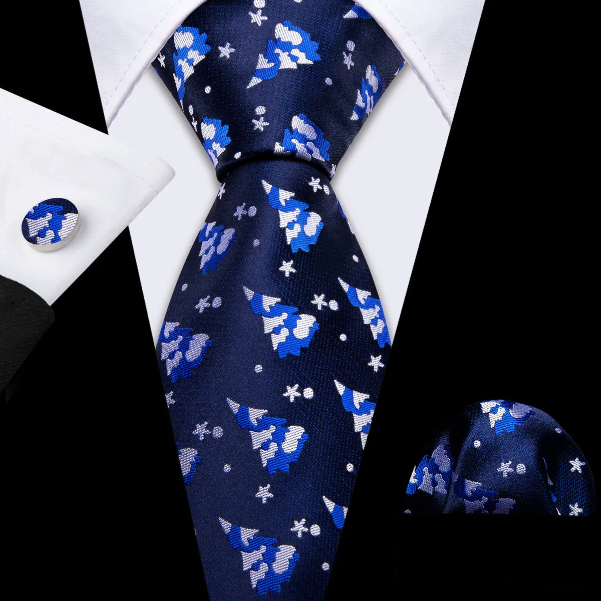 Azure Blue & White Christmas Tree Tie, Pocket Square, and Cufflinks Set