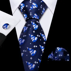 Azure Blue & White Christmas Tree Tie, Pocket Square, and Cufflinks Set