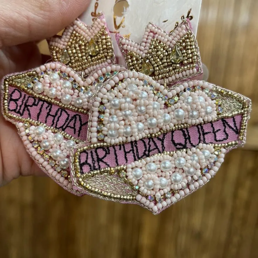 Beaded Birthday Queen Earrings - Post