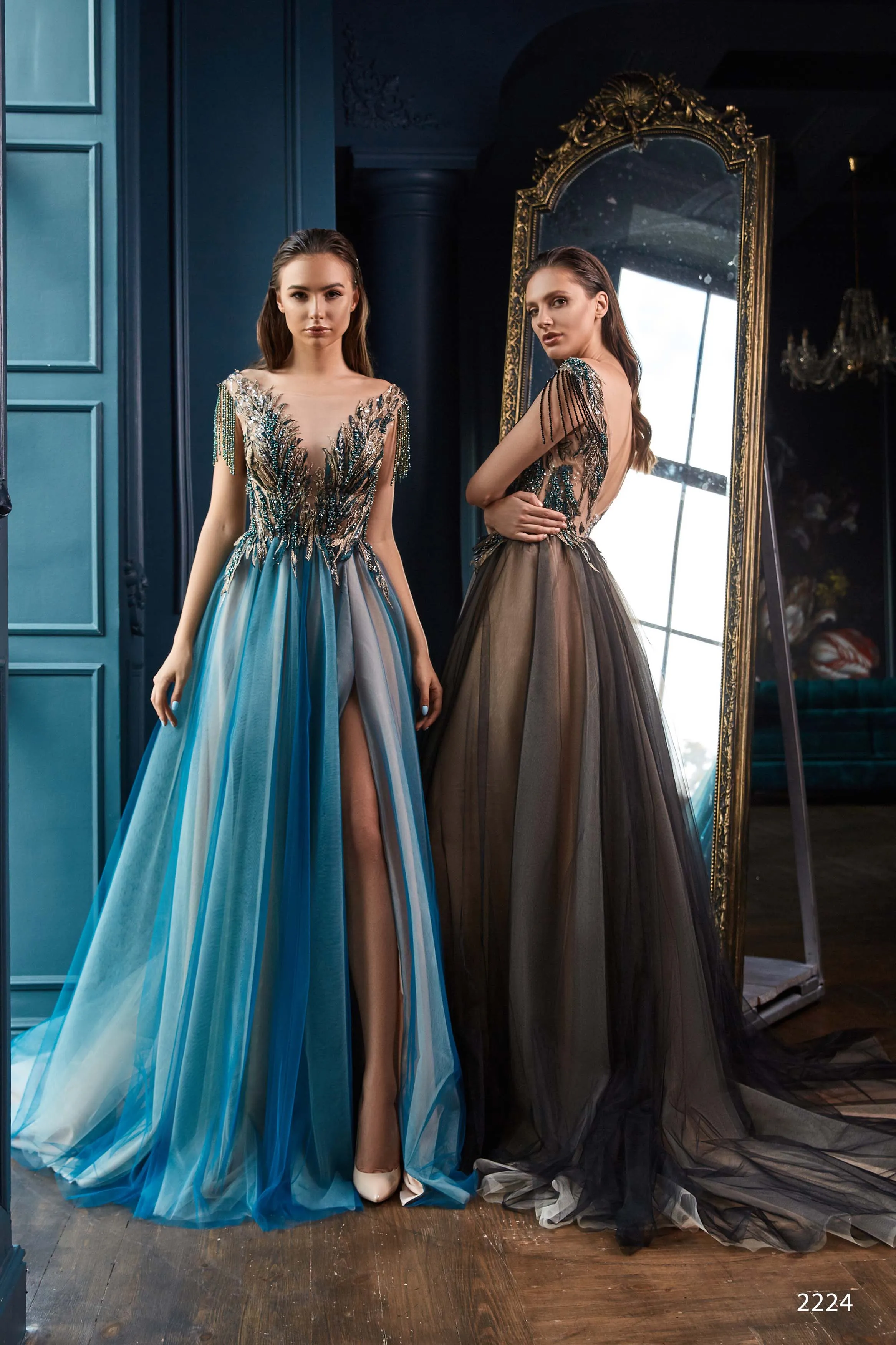 Beaded Gown with Leaf Motifs and Open Back