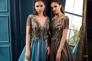 Beaded Gown with Leaf Motifs and Open Back