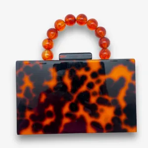 Beaded Handle Acrylic Box Clutch - Tortoise