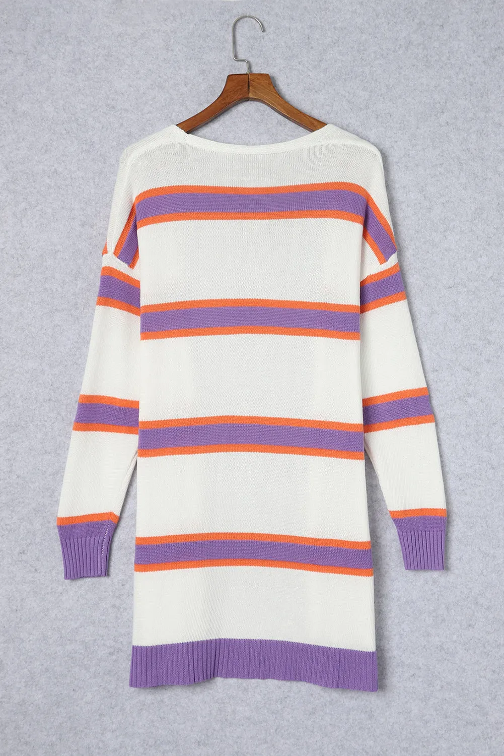 Beige Button-Up Striped Cardigan with Ribbed Trim and Long Sleeves