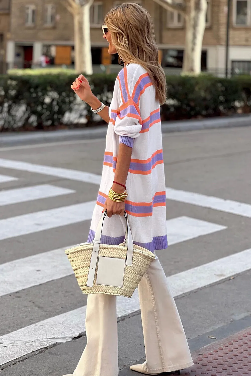 Beige Button-Up Striped Cardigan with Ribbed Trim and Long Sleeves