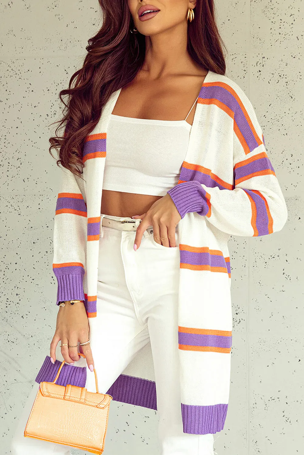 Beige Button-Up Striped Cardigan with Ribbed Trim and Long Sleeves