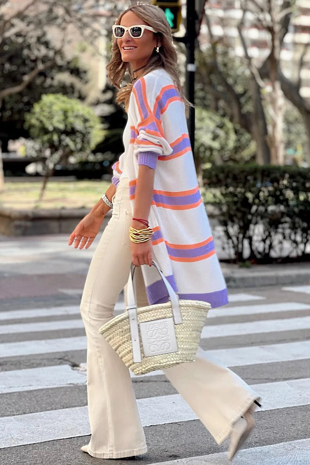 Beige Button-Up Striped Cardigan with Ribbed Trim and Long Sleeves