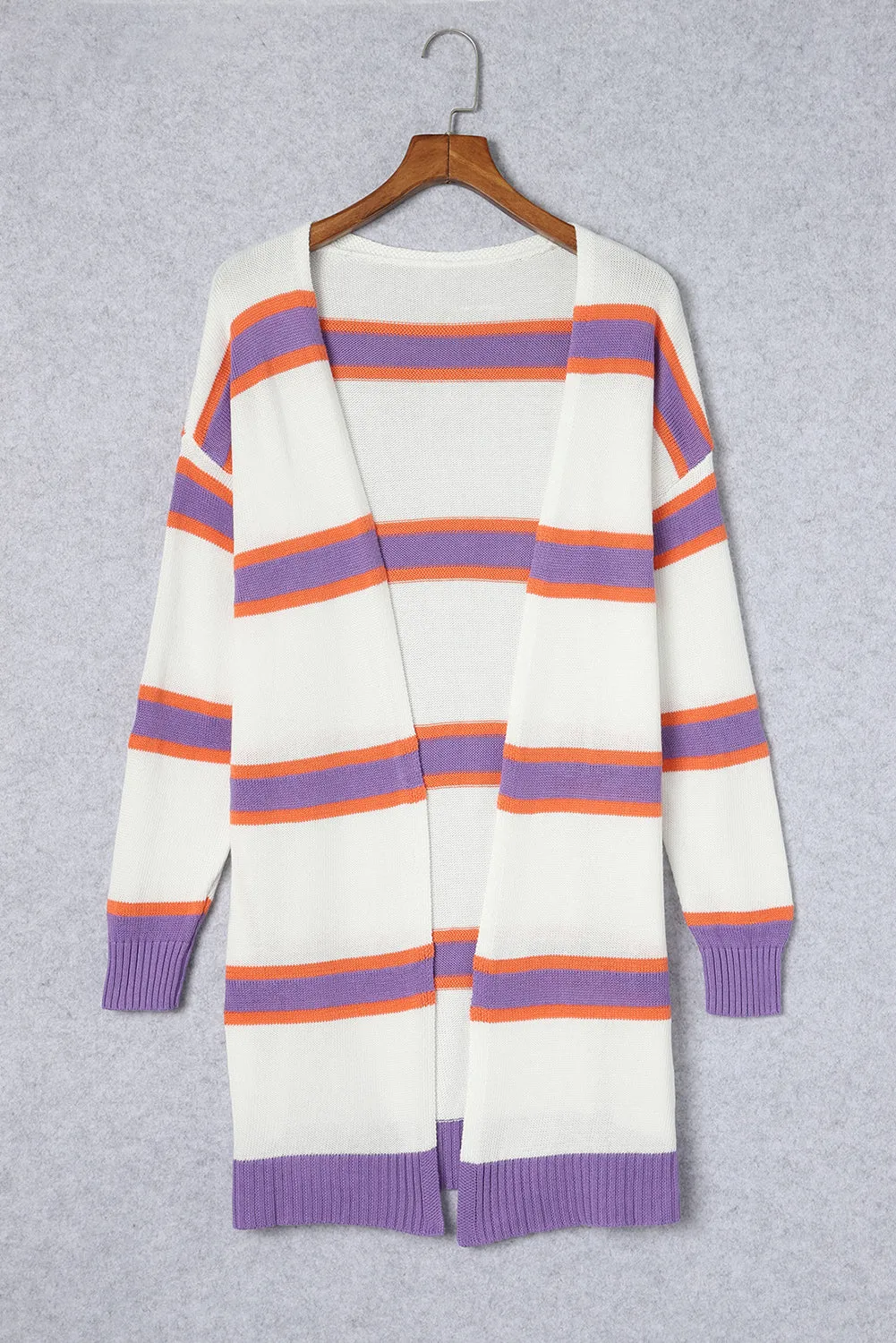 Beige Button-Up Striped Cardigan with Ribbed Trim and Long Sleeves