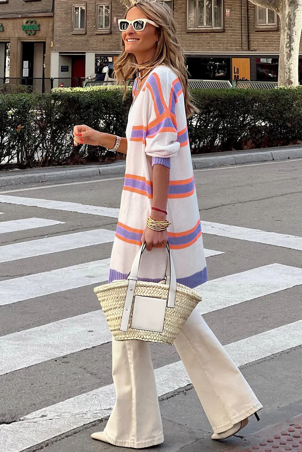 Beige Button-Up Striped Cardigan with Ribbed Trim and Long Sleeves