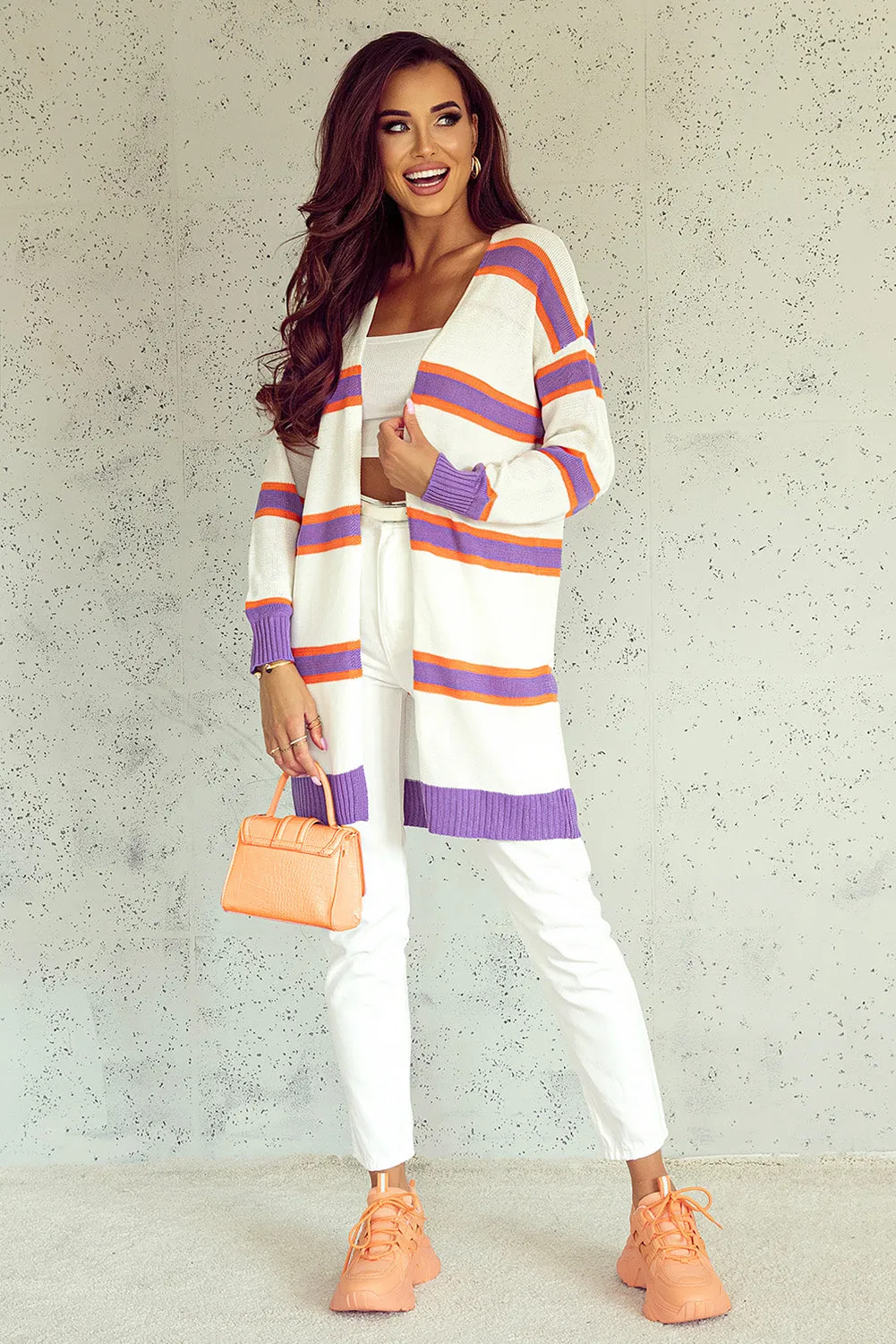 Beige Button-Up Striped Cardigan with Ribbed Trim and Long Sleeves