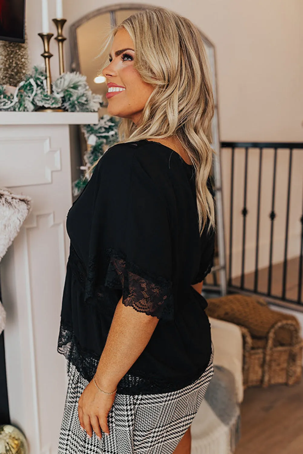 Black Lace Splicing Button V Neck Plus Size Top