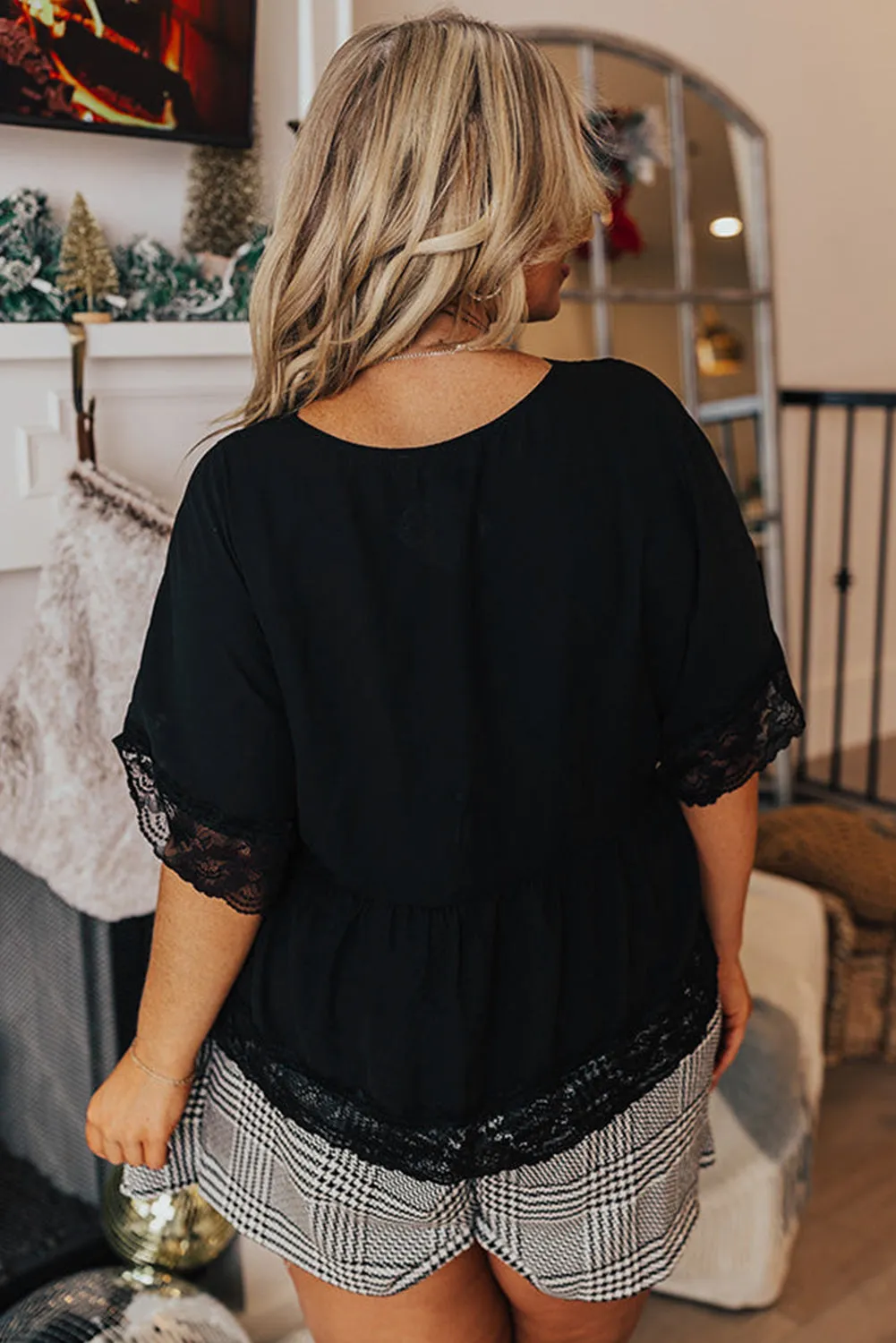 Black Lace Splicing Button V Neck Plus Size Top