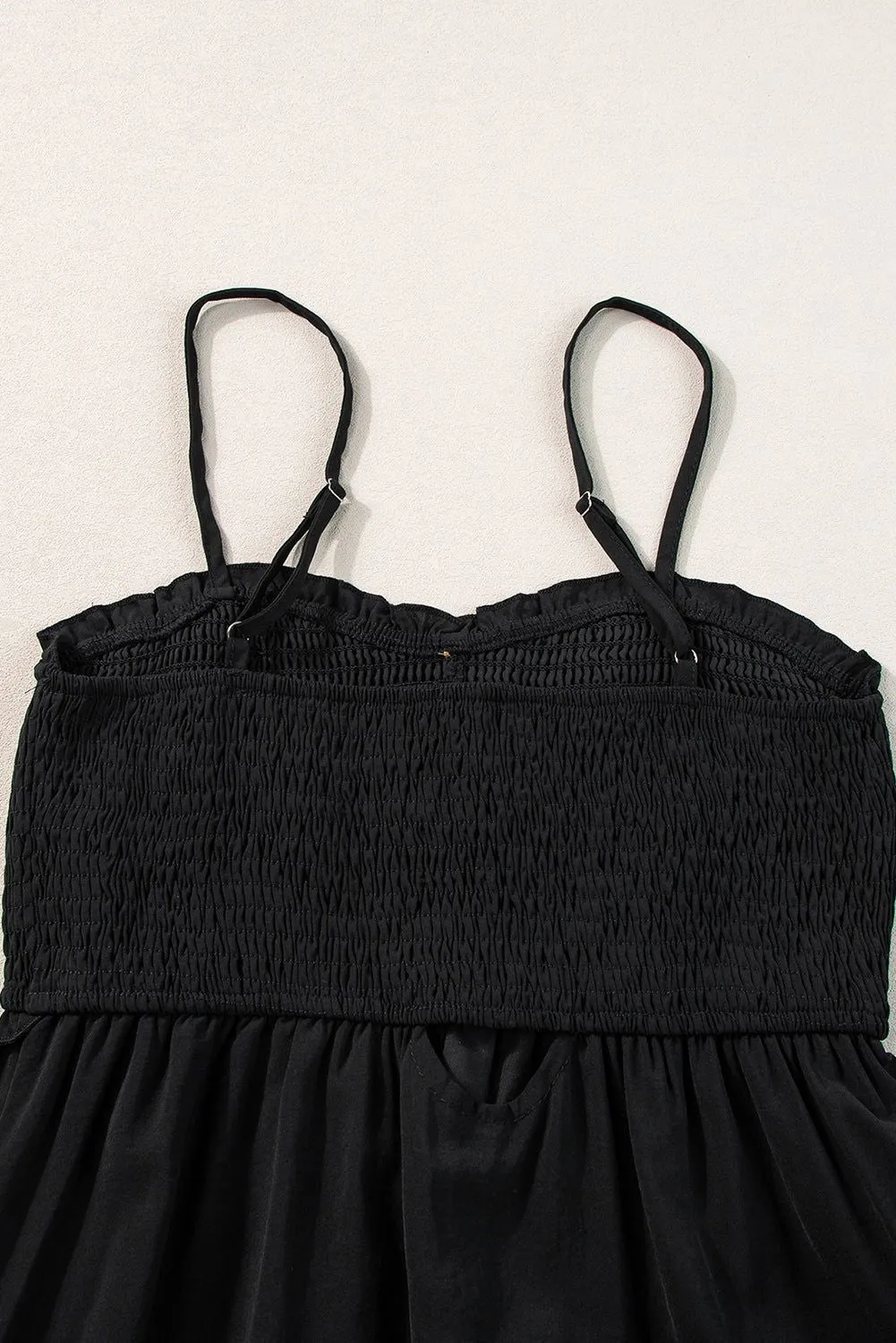 Black Smocked Button Pocketed Spaghetti Strap Maxi Dress