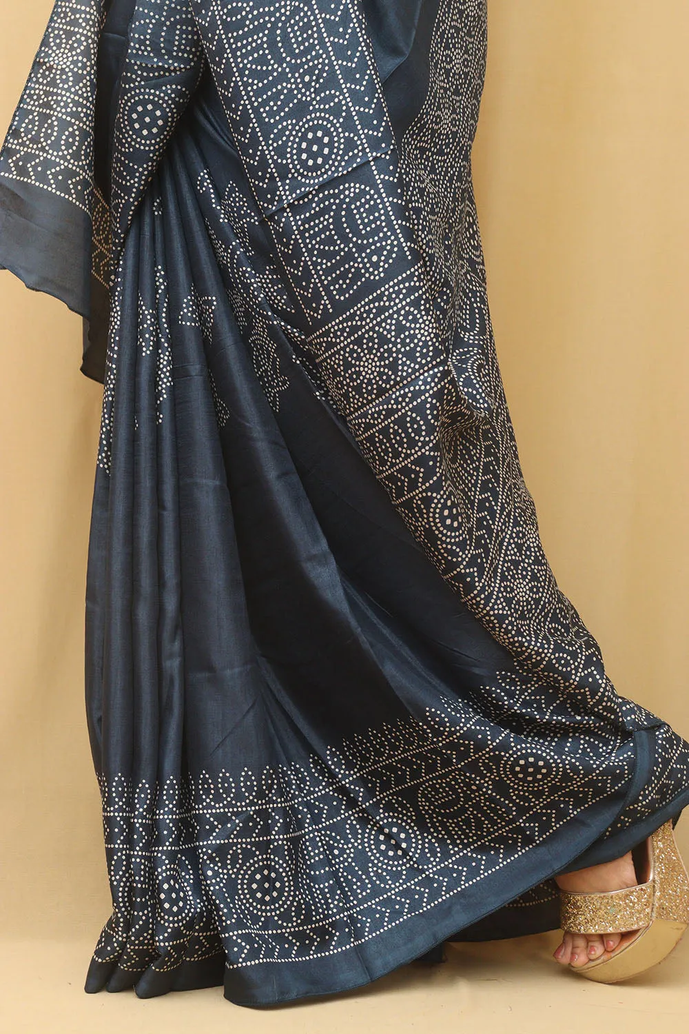 Blue Digital Printed Bandhani Design Silk Saree