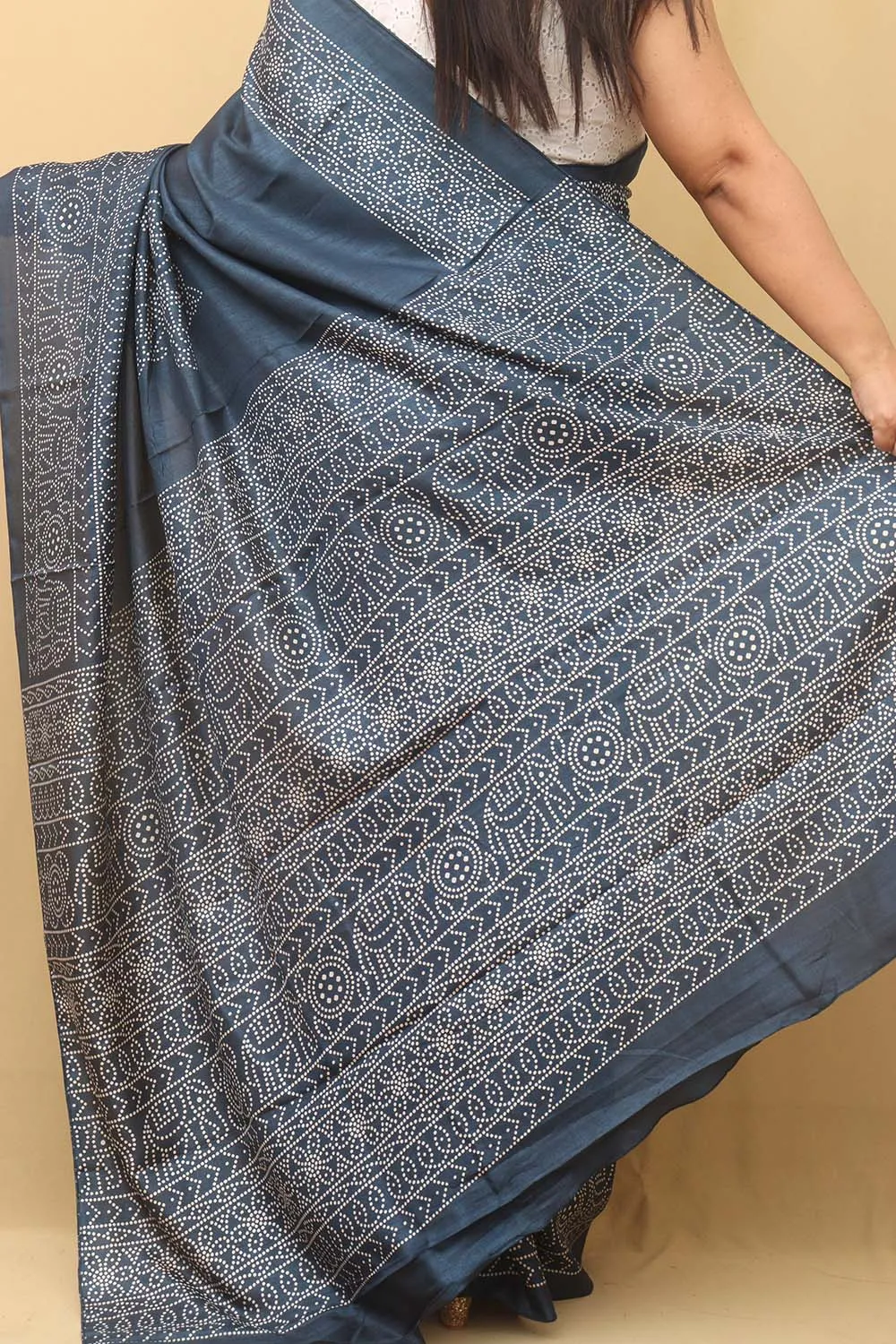 Blue Digital Printed Bandhani Design Silk Saree