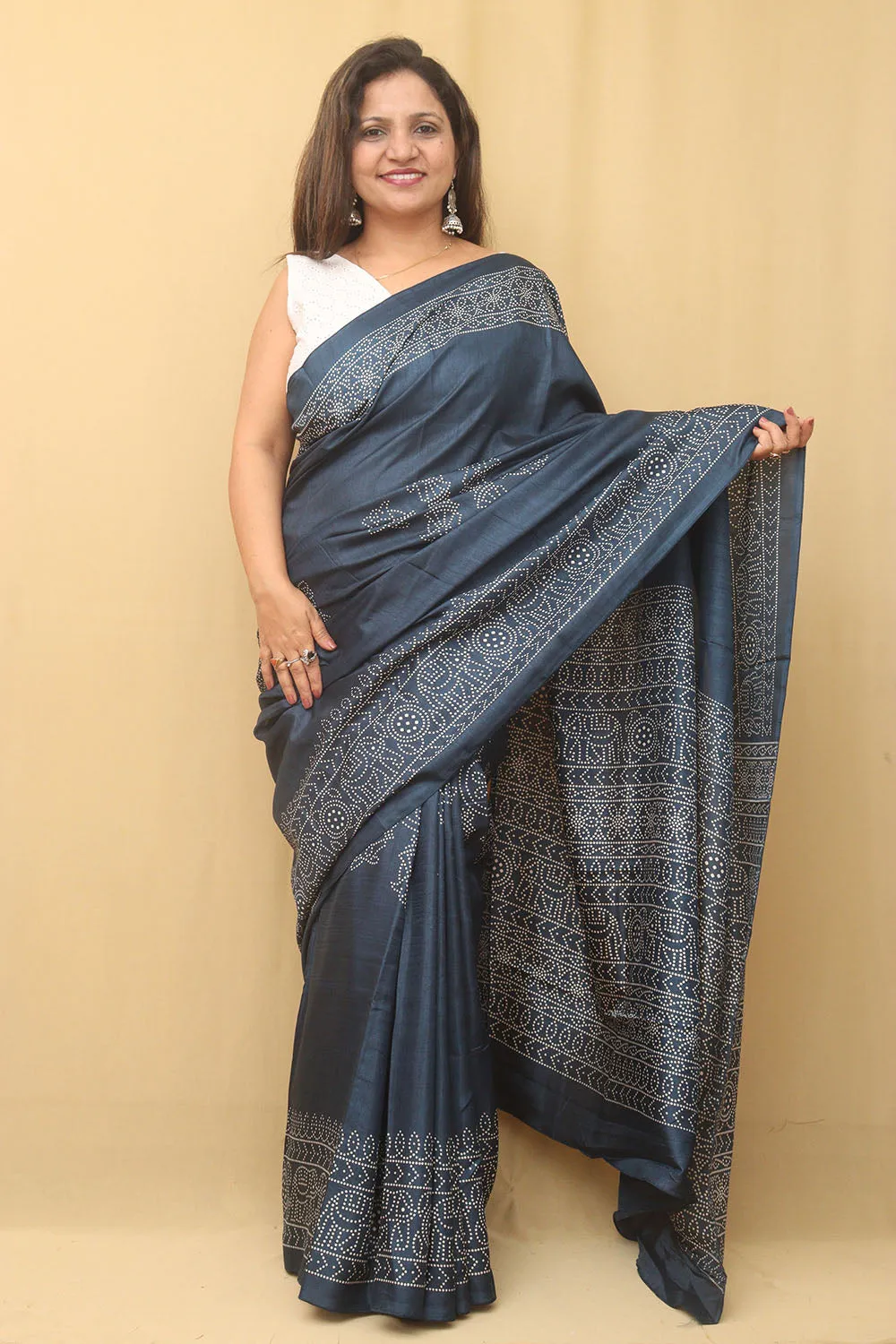 Blue Digital Printed Bandhani Design Silk Saree