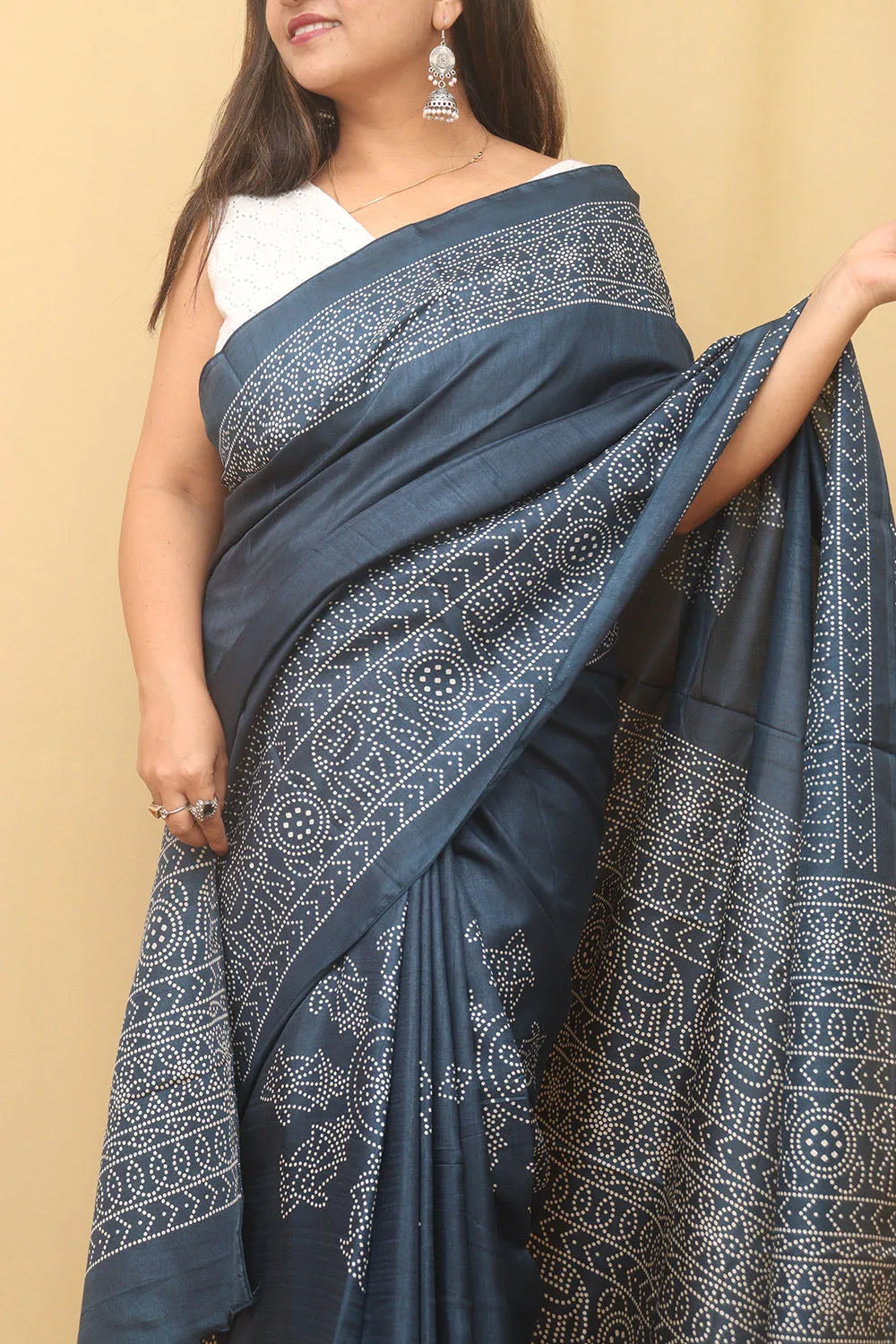 Blue Digital Printed Bandhani Design Silk Saree