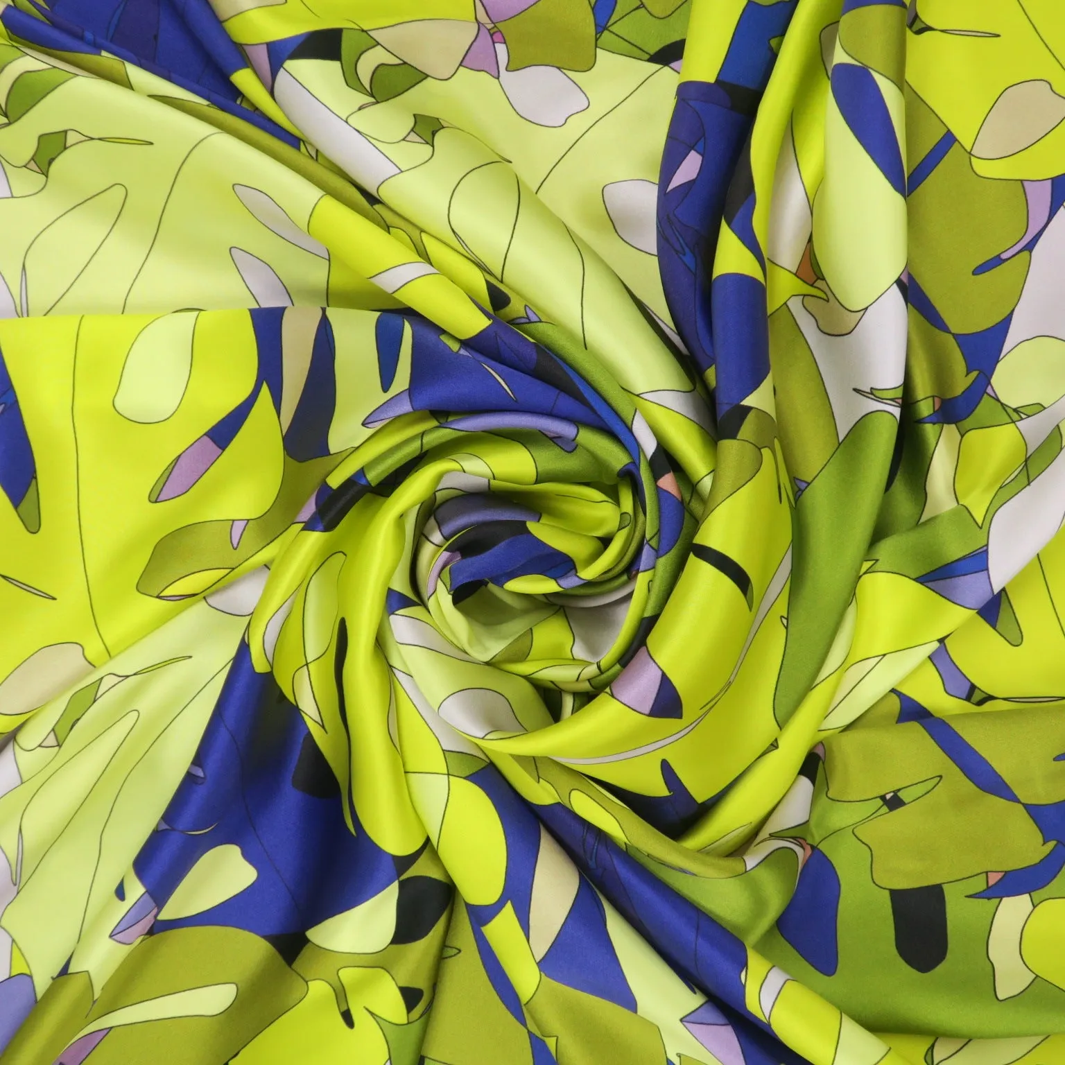 Blue, Green, Yellow and Lilac Abstract Monstera Leaves Printed Silk Charmeuse Fabric