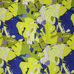 Blue, Green, Yellow and Lilac Abstract Monstera Leaves Printed Silk Charmeuse Fabric