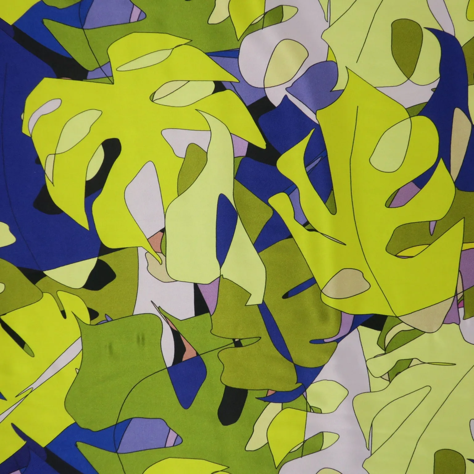 Blue, Green, Yellow and Lilac Abstract Monstera Leaves Printed Silk Charmeuse Fabric