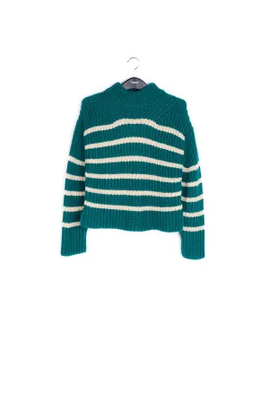 Bottle green and off-white striped ribbed-knit sweater