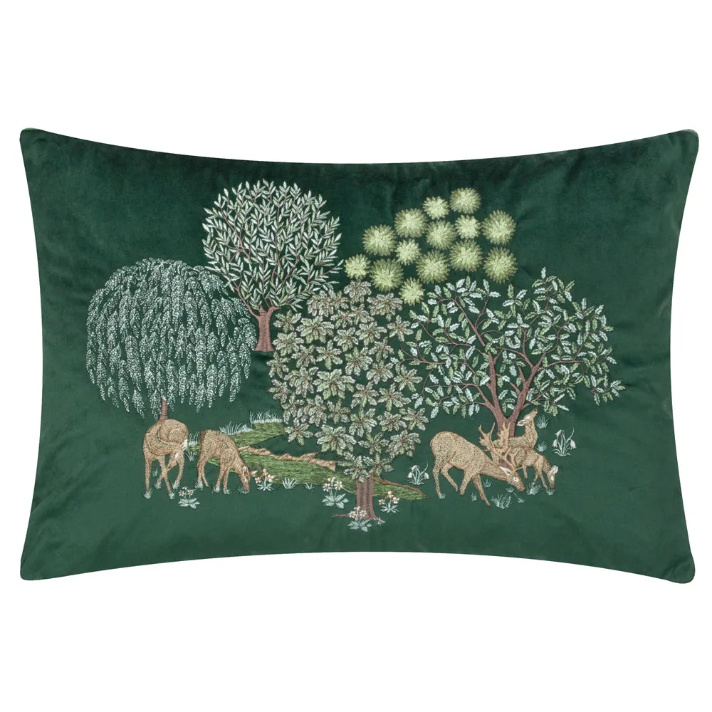 Brook Embroidered Velvet Cushion Forest Green