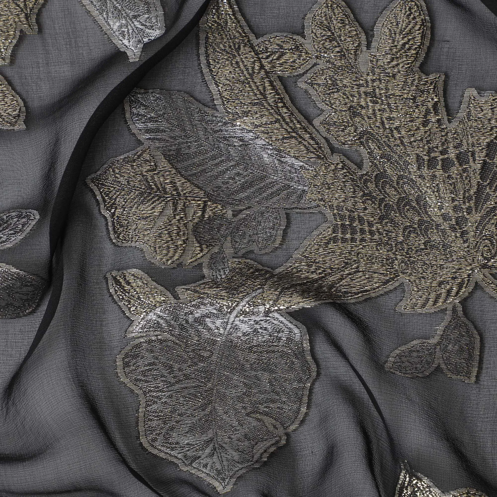 Charcoal Glamour Silk Chiffon Fabric with Silver Lurex, 110cm Wide – Bespoke Textile for Exclusive Creations-D18385
