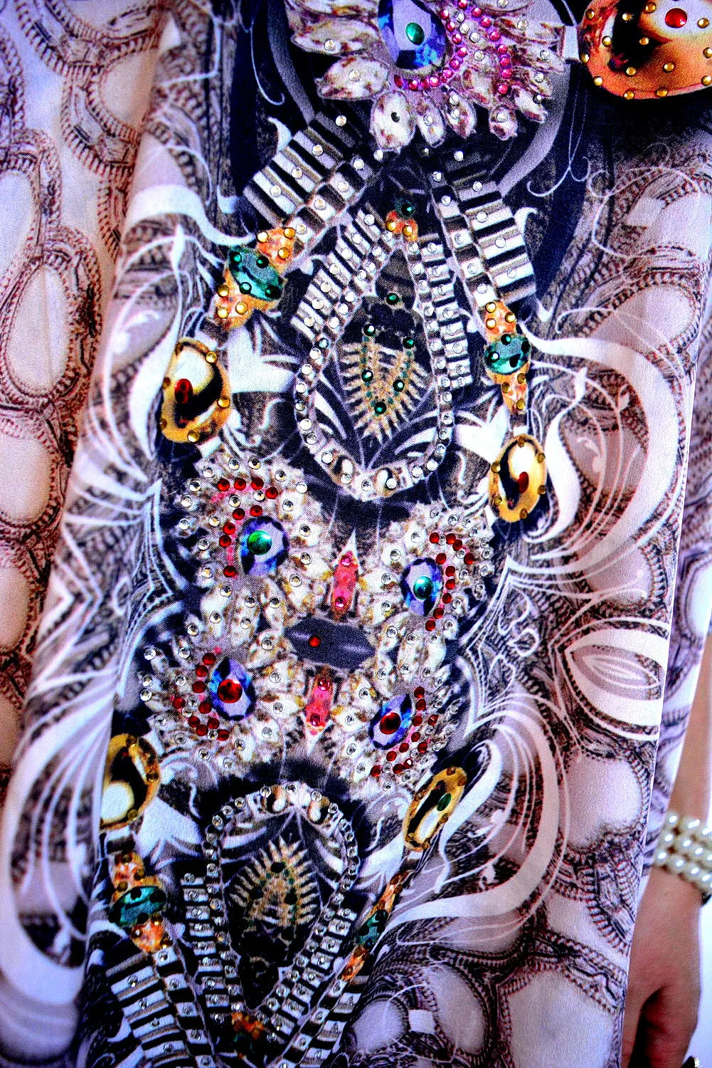 CRYSTALLIUS Decorated Stones Devarshy Pure Silk Short Embellished Kaftan - 1047A