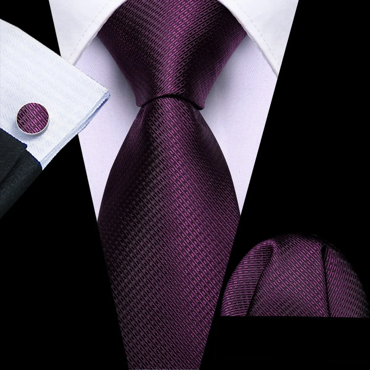 Deep Purple Geometric Tie, Pocket Square, and Cufflinks Set