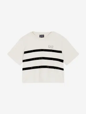 EA7 Emporio Armani Girls Striped Logo T-Shirt in Beige