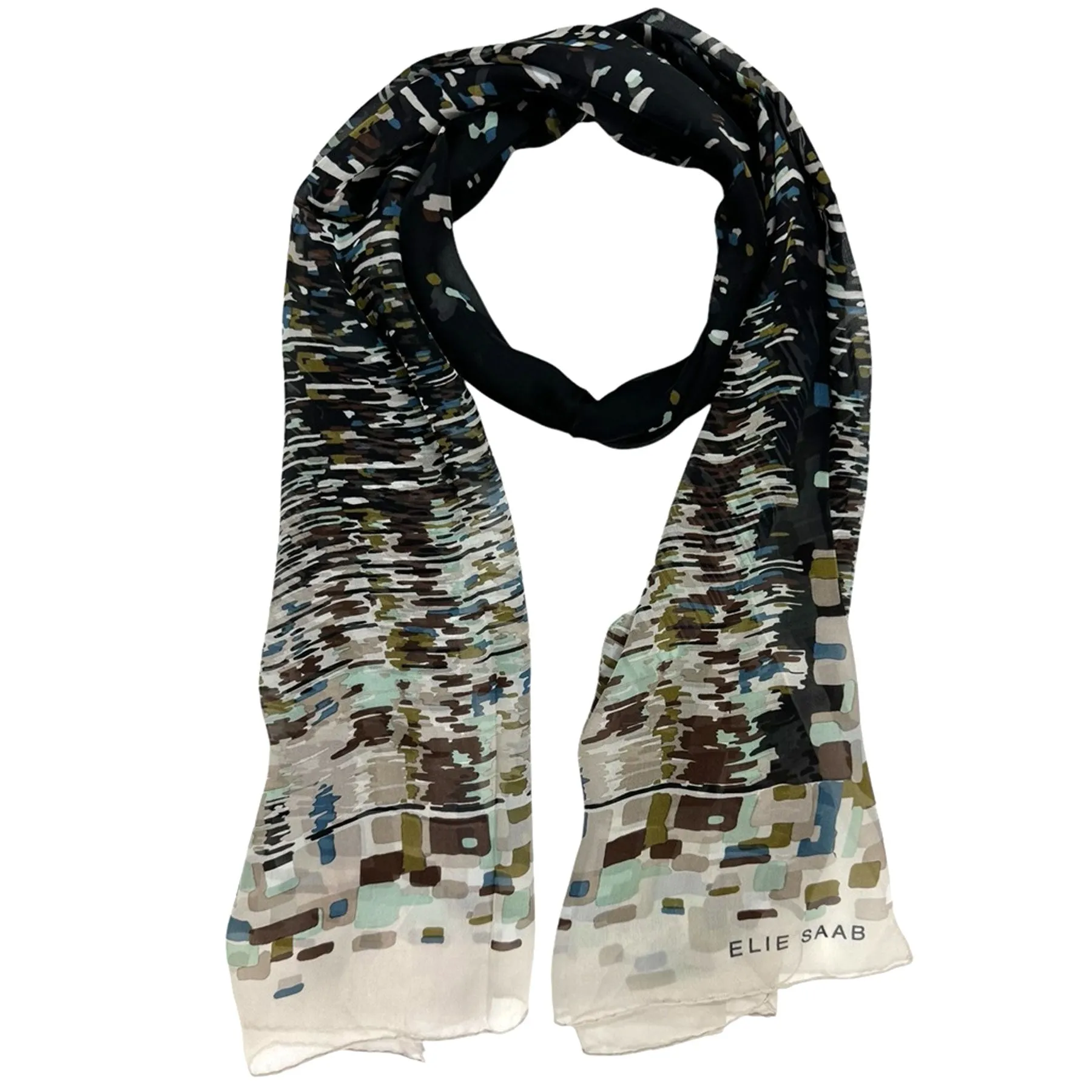 Elie Saab Scarf Gray Blue Taupe Abstract Water Colors - Chiffon Silk Shawl SALE