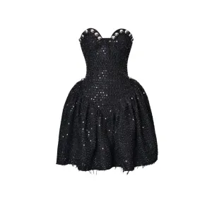 FAME spring sequin beaded bandeau strapless sweetheart neckline lbd black dress - Ekeui
