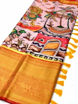 Flaunt Pink Kalamkari Printed Saree With Diaphanous Blouse Piece