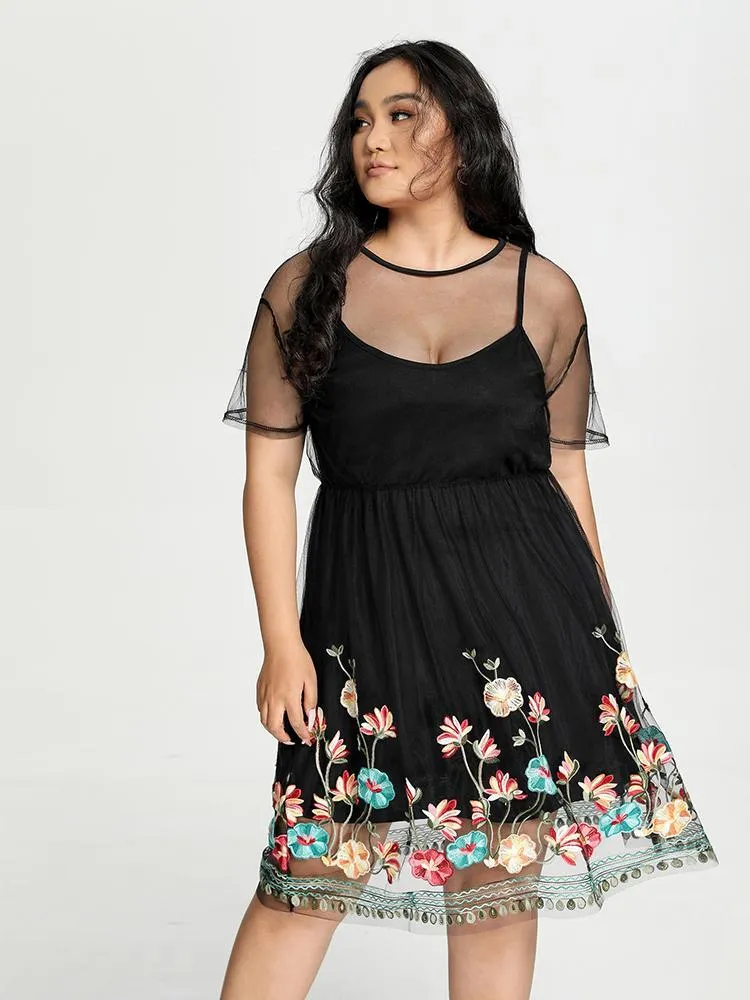 Floral Embroidery Mesh Dress