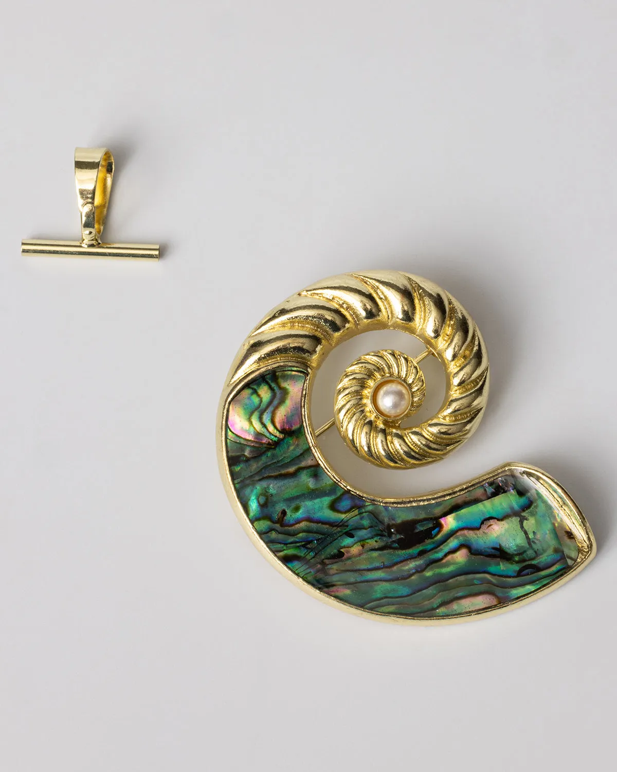 Gold Swirl Shell Pear and Real Abalone Shell Nautilus Brooch and Pendant with Necklace Converter Coastal Cowgirl