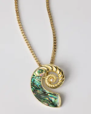 Gold Swirl Shell Pear and Real Abalone Shell Nautilus Brooch and Pendant with Necklace Converter Coastal Cowgirl