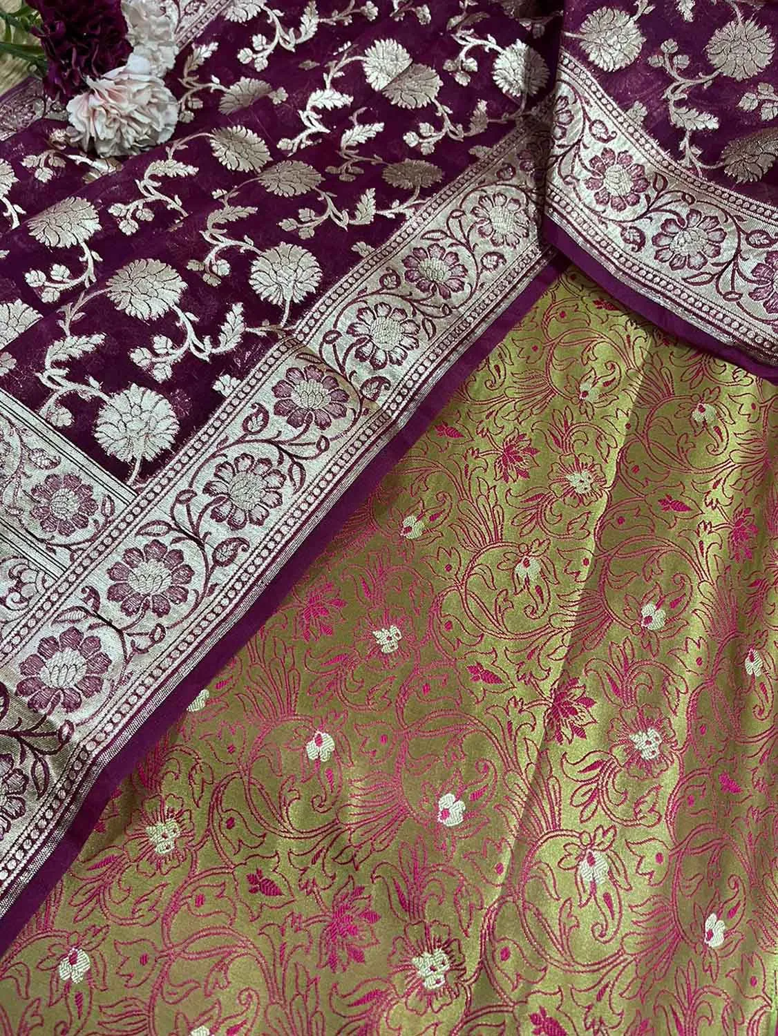 Green Banarasi Tanchui Silk Suit With Purple Banarasi Organza Dupatta