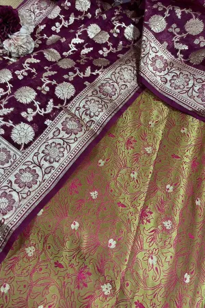 Green Banarasi Tanchui Silk Suit With Purple Banarasi Organza Dupatta