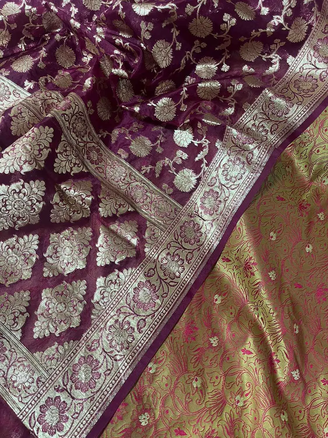 Green Banarasi Tanchui Silk Suit With Purple Banarasi Organza Dupatta