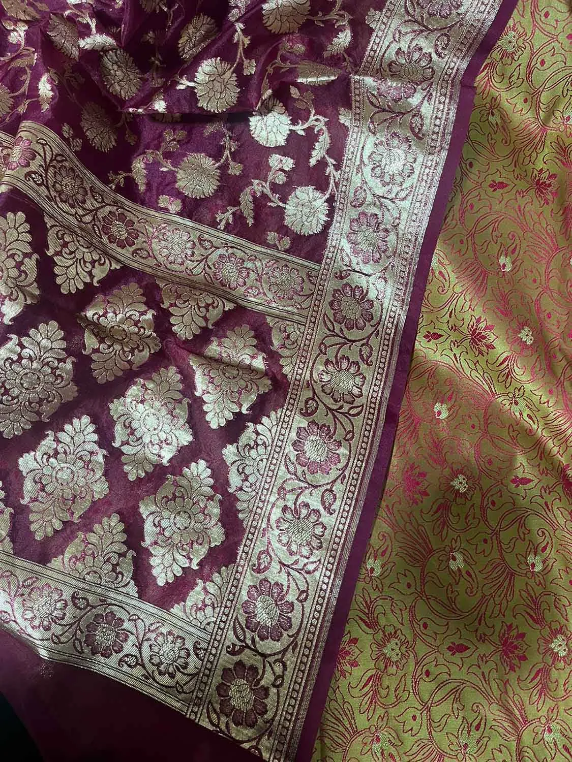 Green Banarasi Tanchui Silk Suit With Purple Banarasi Organza Dupatta