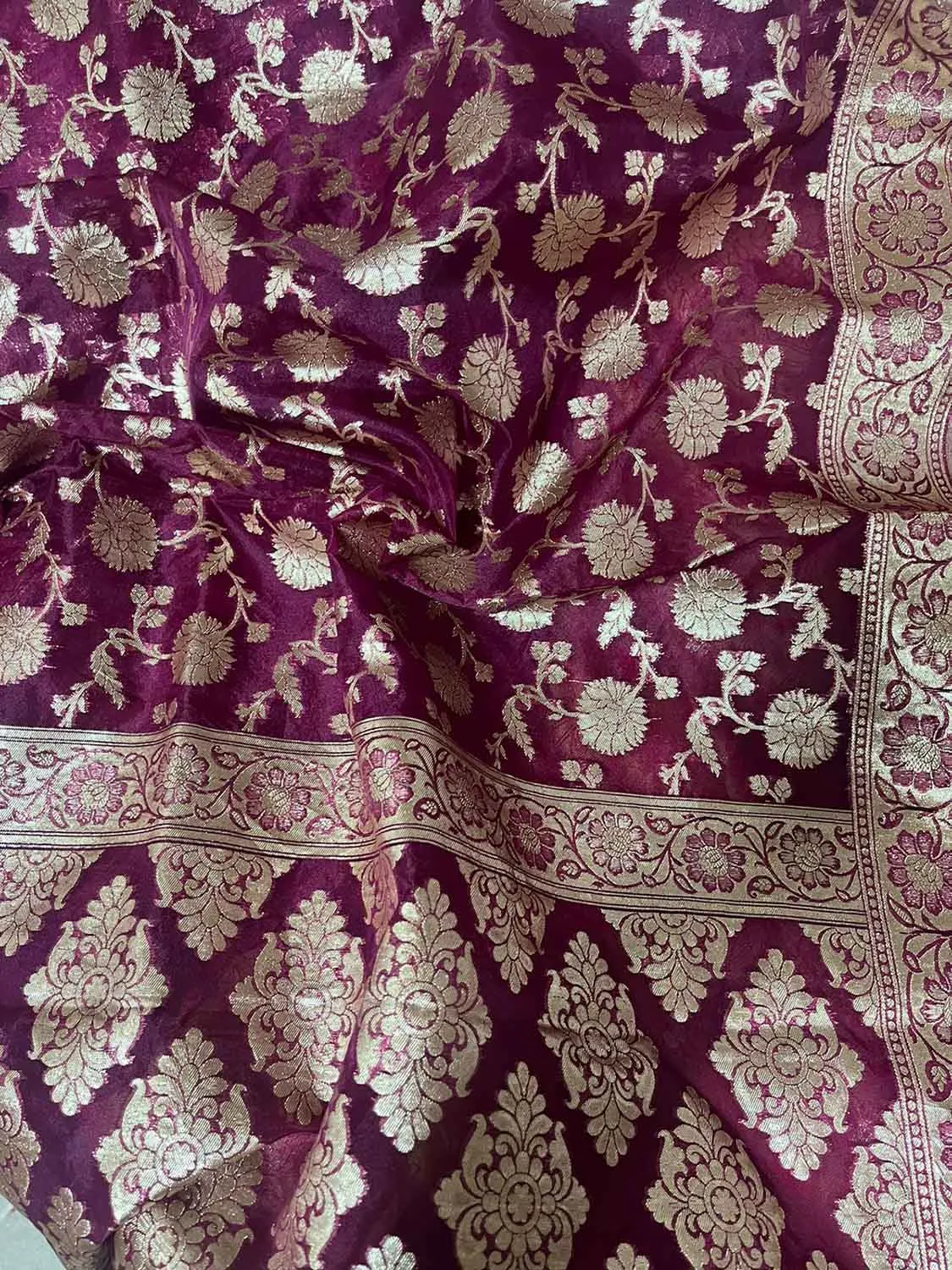 Green Banarasi Tanchui Silk Suit With Purple Banarasi Organza Dupatta