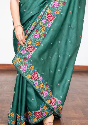 Green Cross Stitch Embroidery Tussar Silk Saree